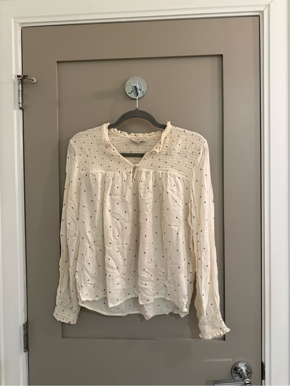 Lucky Brand Cream Smocked Peasant Blouse with Tiny Black Dot Detail